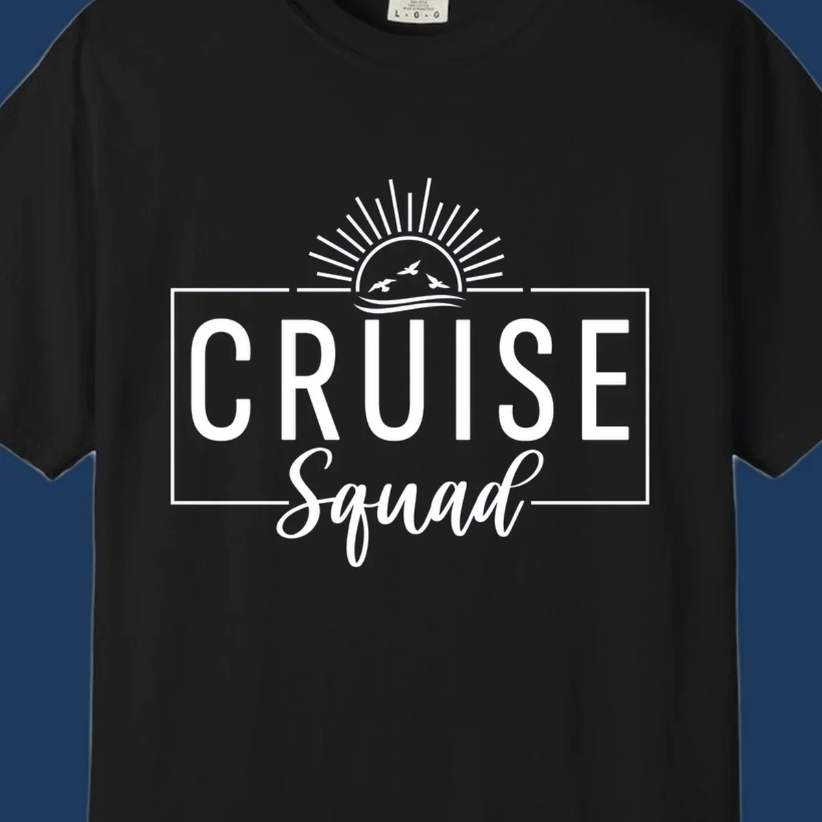 Cruise squad sunrise design with rising sun, radiating rays, ocean waves, and flying birds in white on gray background