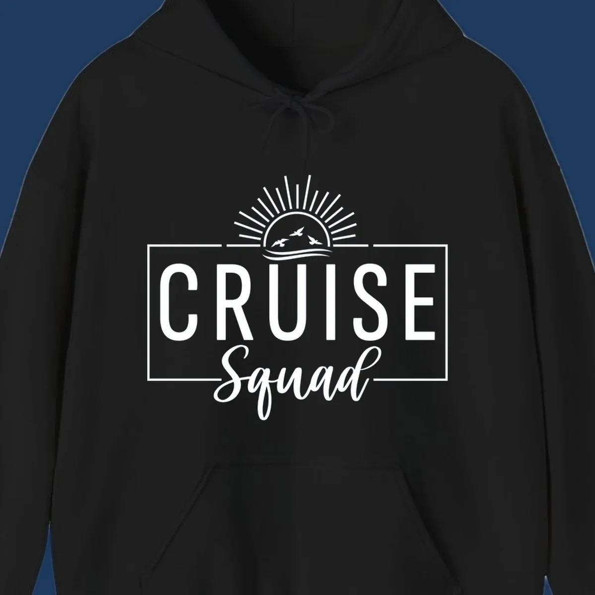 Cruise squad sunrise design with rising sun, radiating rays, ocean waves, and flying birds in white on gray background