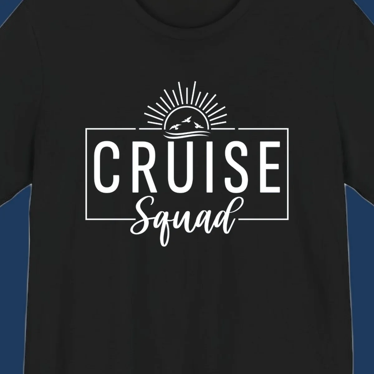 Cruise squad sunrise design with rising sun, radiating rays, ocean waves, and flying birds in white on gray background