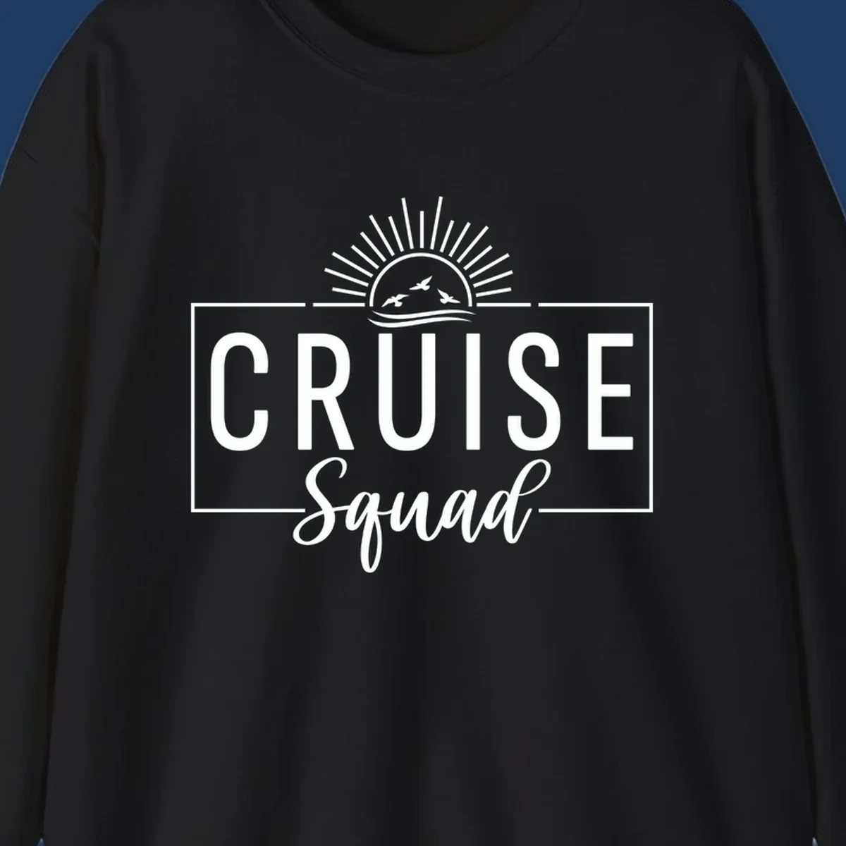 Cruise squad sunrise design with rising sun, radiating rays, ocean waves, and flying birds in white on gray background