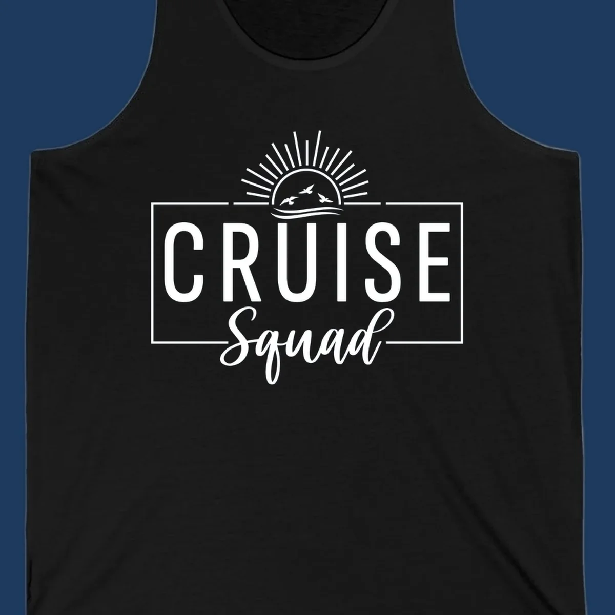 Cruise squad sunrise design with rising sun, radiating rays, ocean waves, and flying birds in white on gray background