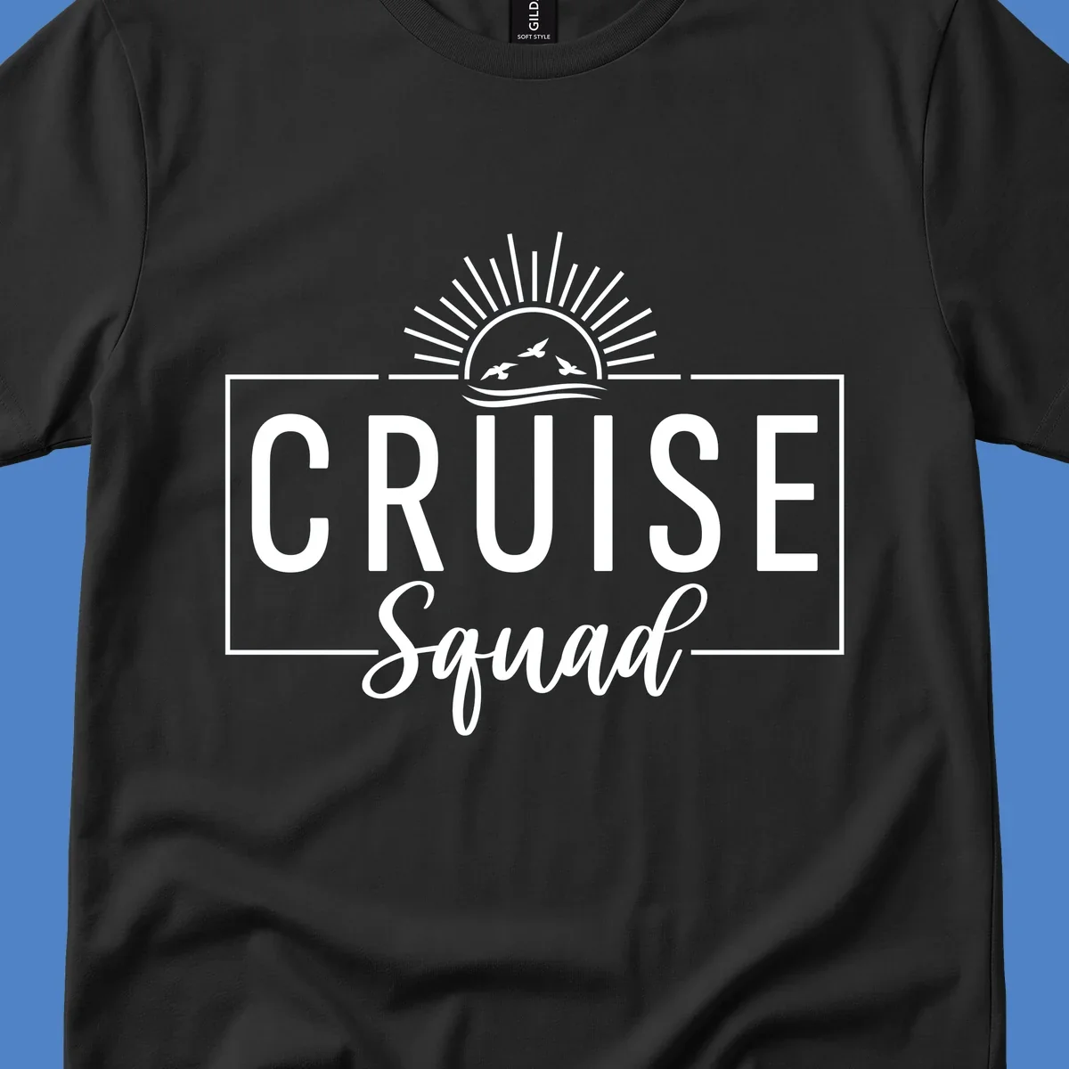 Cruise squad sunrise design with rising sun, radiating rays, ocean waves, and flying birds in white on gray background