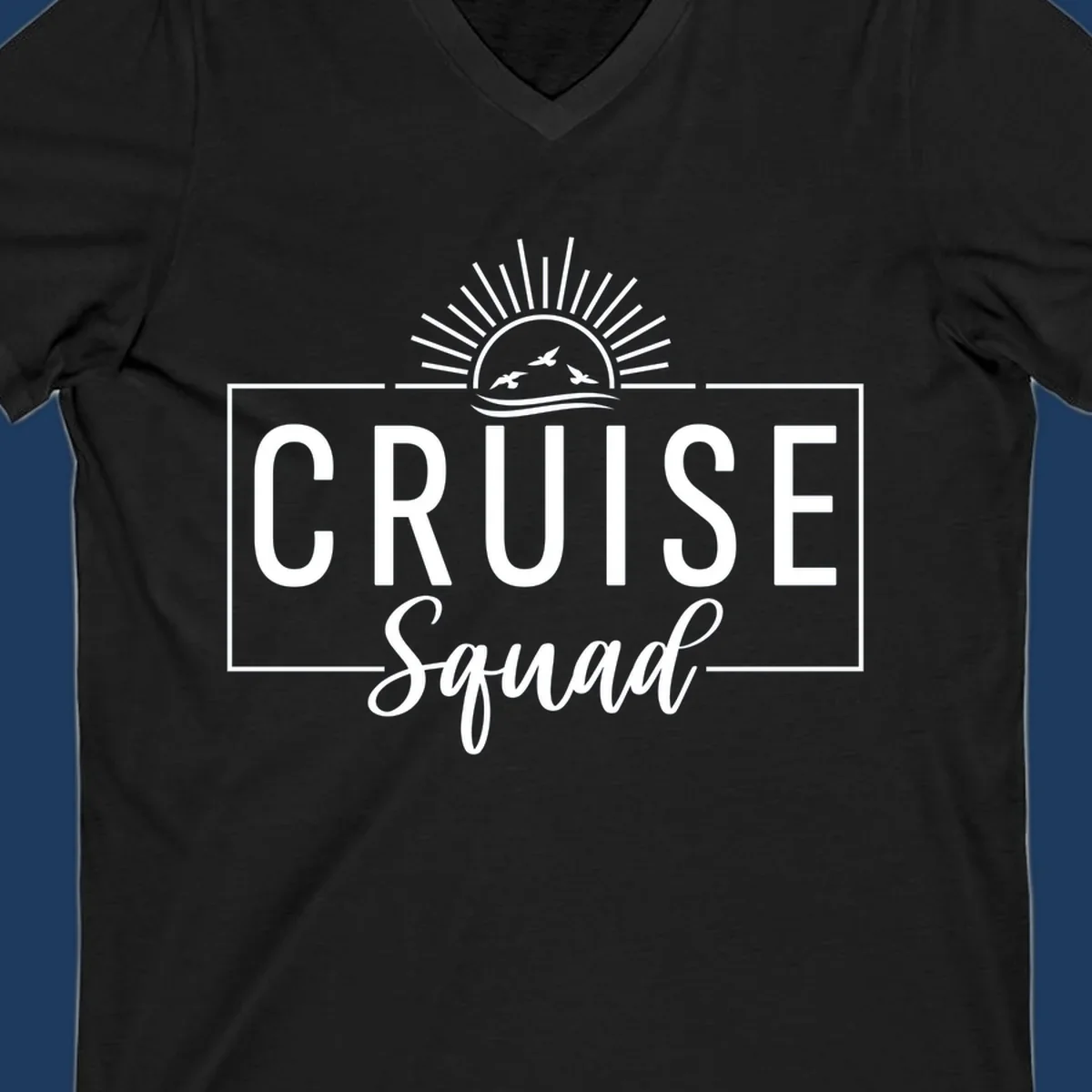 Cruise squad sunrise design with rising sun, radiating rays, ocean waves, and flying birds in white on gray background