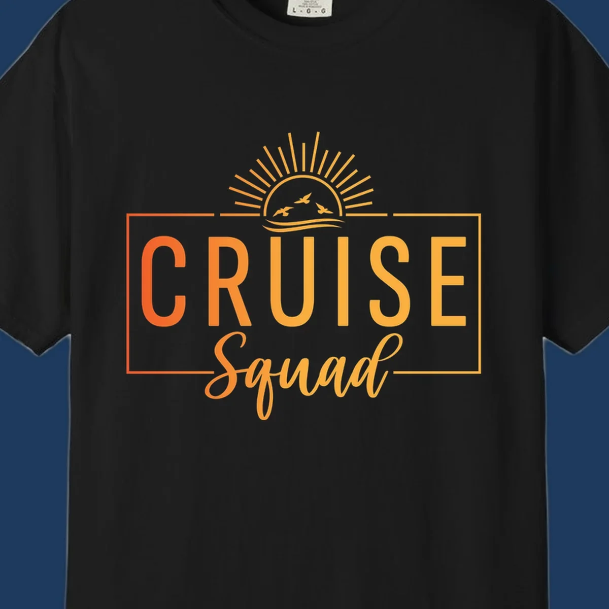Cruise squad sunrise design with golden sun rays, flying birds, ocean waves, and bold text on gray background