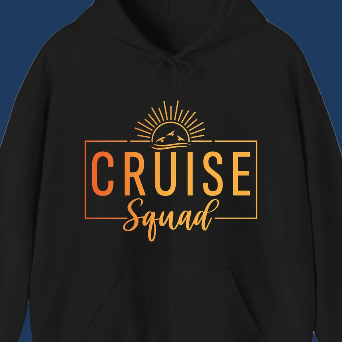 Cruise squad sunrise design with golden sun rays, flying birds, ocean waves, and bold text on gray background