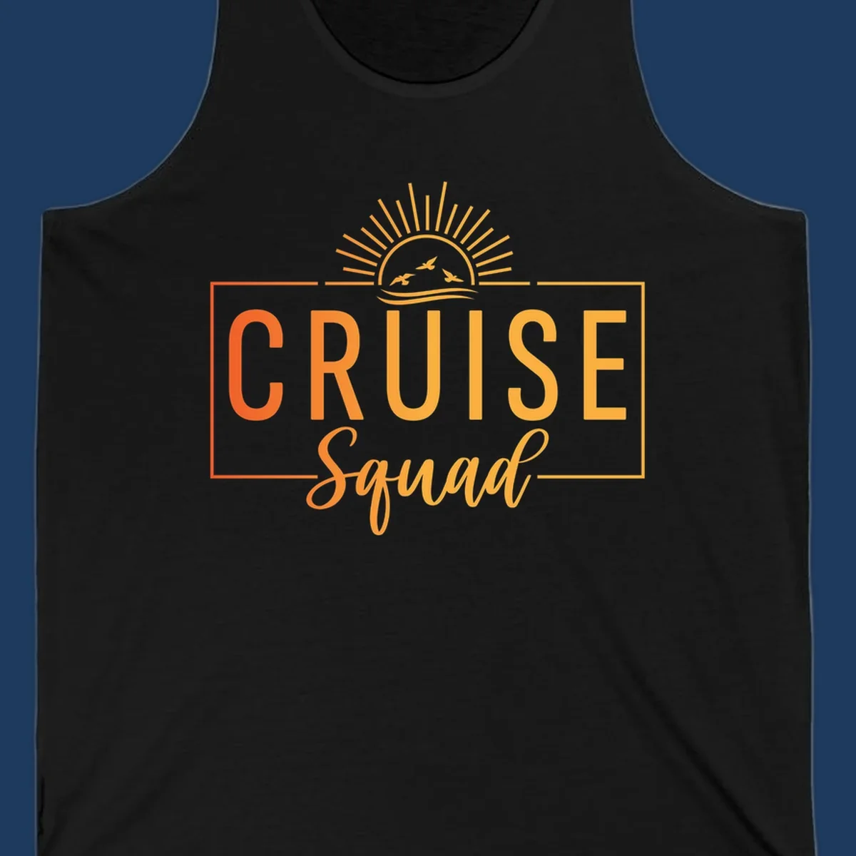 Cruise squad sunrise design with golden sun rays, flying birds, ocean waves, and bold text on gray background
