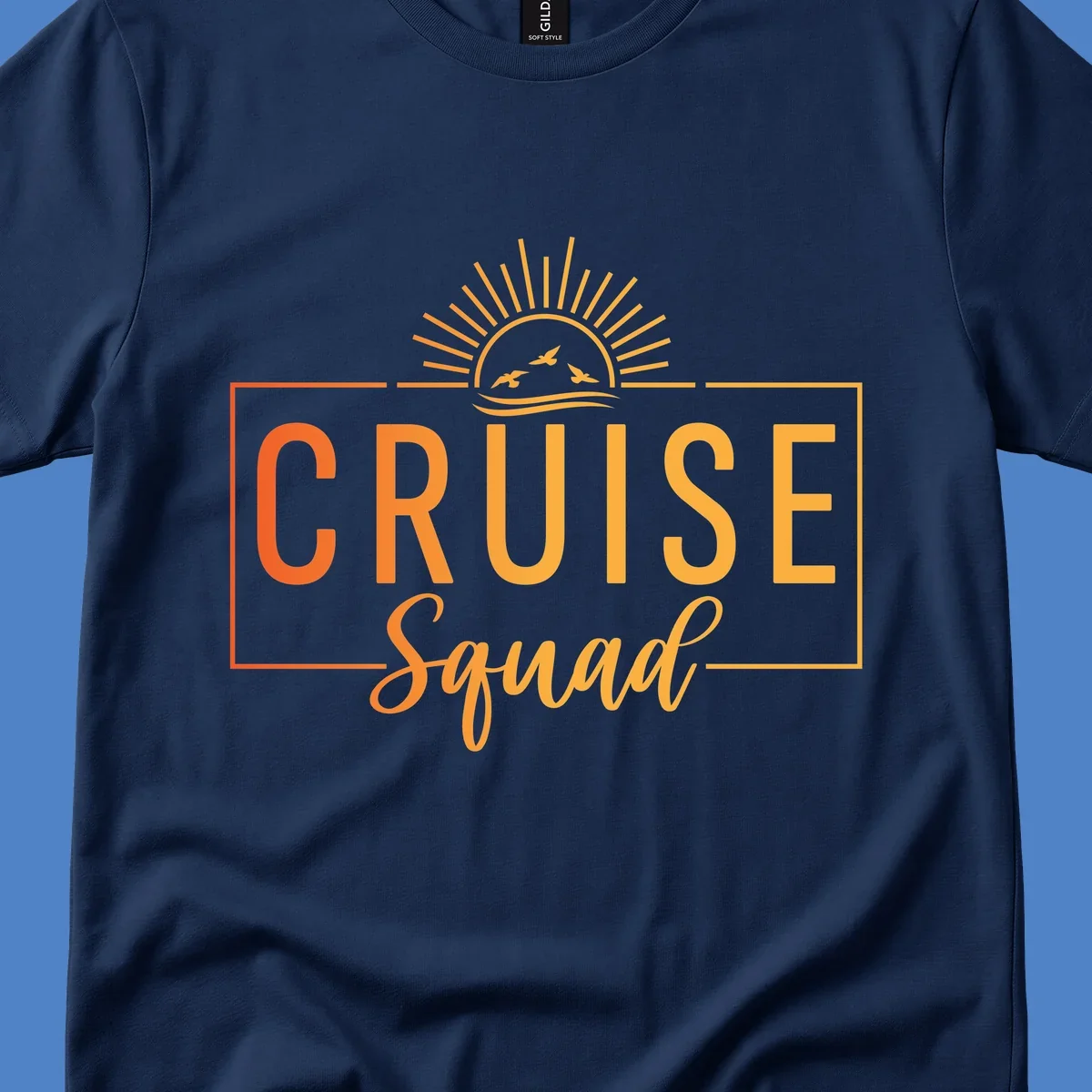 Cruise squad sunrise design with golden sun rays, flying birds, ocean waves, and bold text on gray background