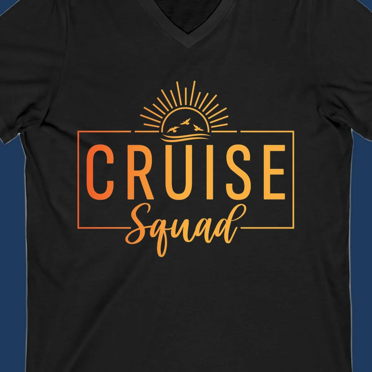 Cruise squad sunrise design with golden sun rays, flying birds, ocean waves, and bold text on gray background