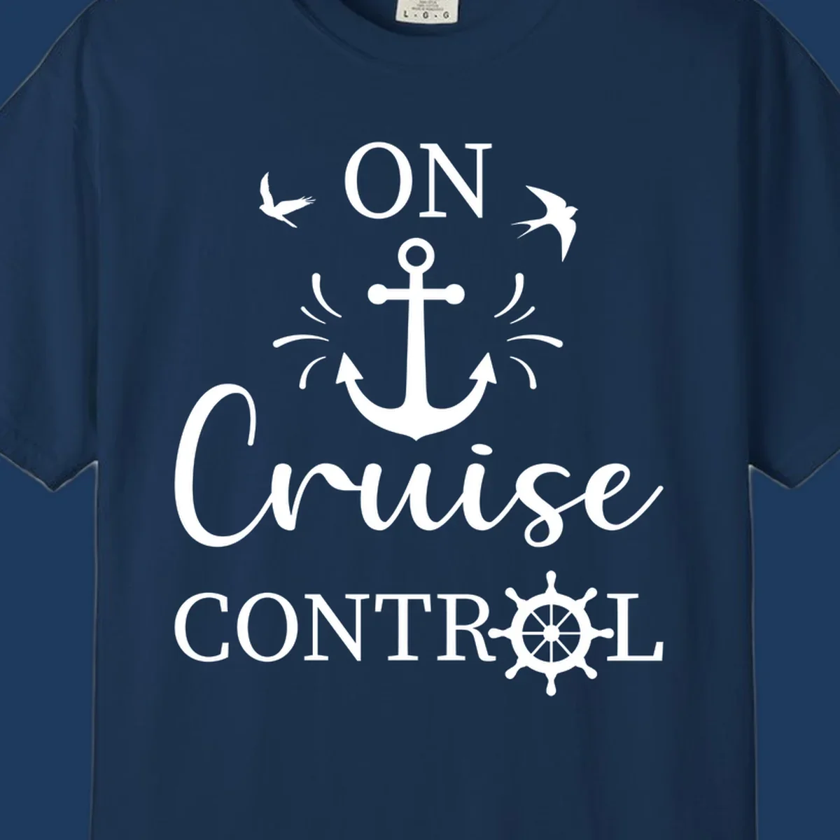 White nautical design with anchor, ship wheel, seagulls, and 'On Cruise Control' text on gray background