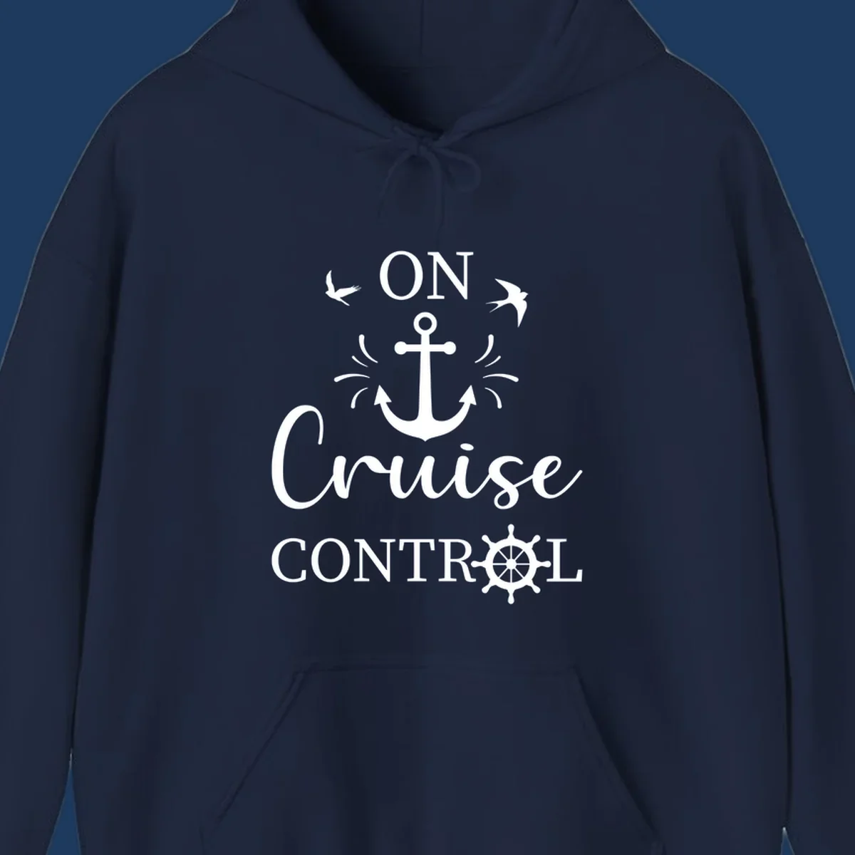 White nautical design with anchor, ship wheel, seagulls, and 'On Cruise Control' text on gray background