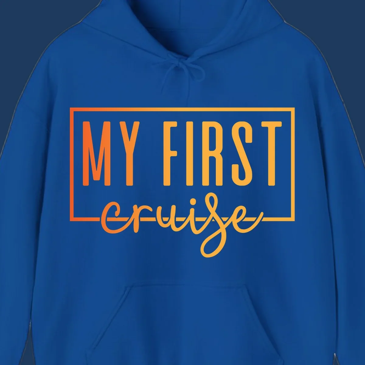 Bold typography design reading 'MY FIRST CRUISE' in orange and yellow gradient letters with rectangular border frame on gray background