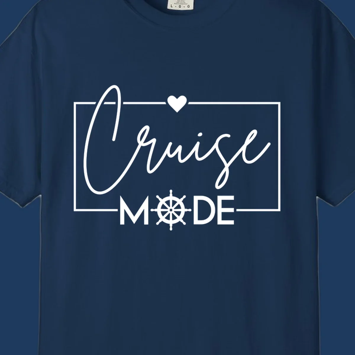 Cruise mode nautical design with elegant cursive text, ship's wheel, and heart on gray background