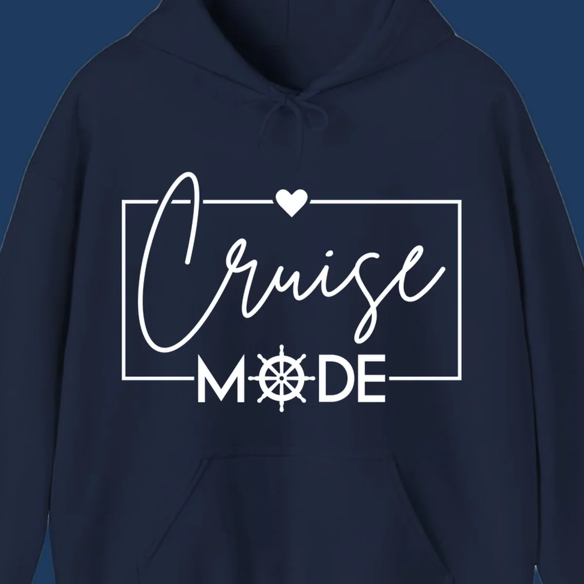 Cruise mode nautical design with elegant cursive text, ship's wheel, and heart on gray background