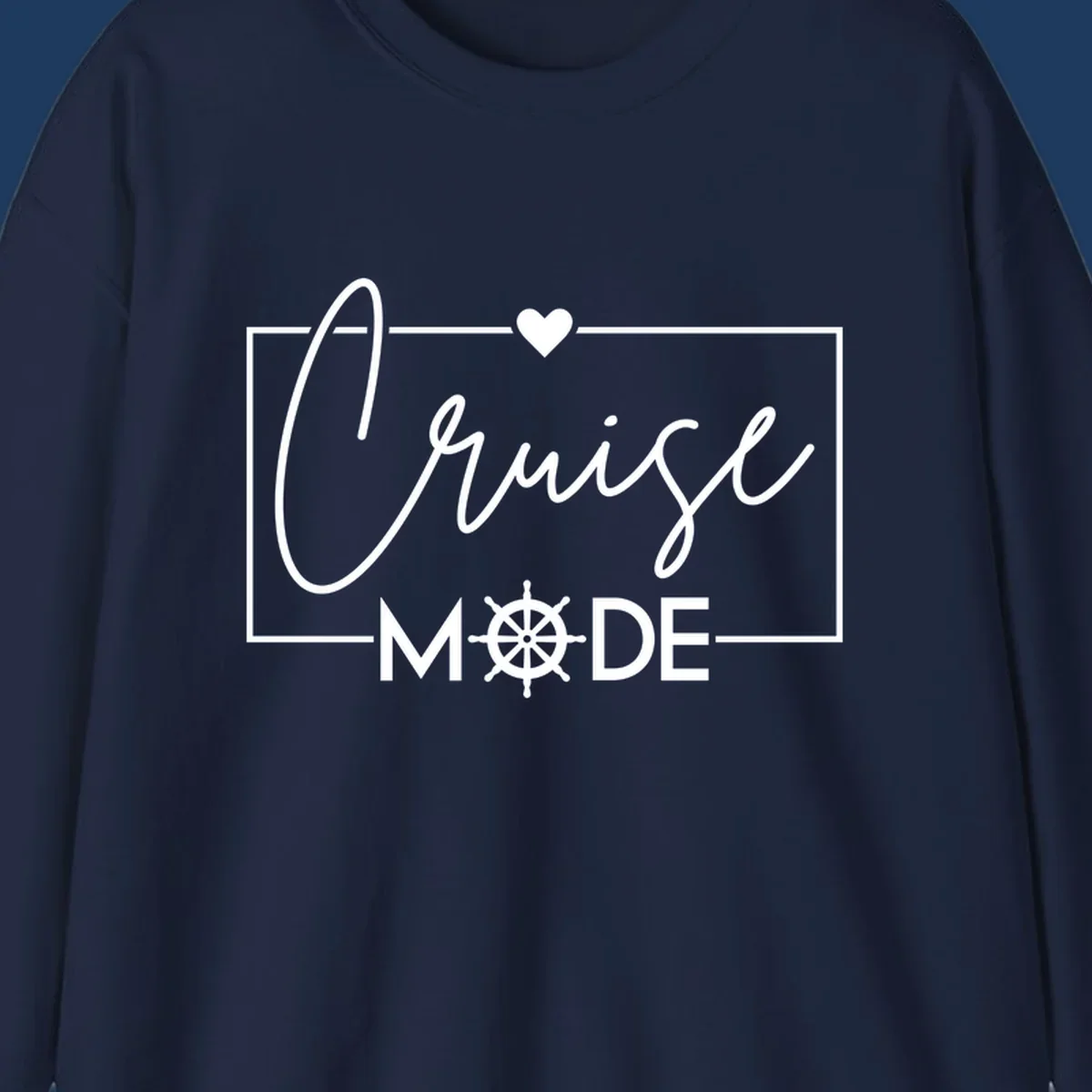 Cruise mode nautical design with elegant cursive text, ship's wheel, and heart on gray background