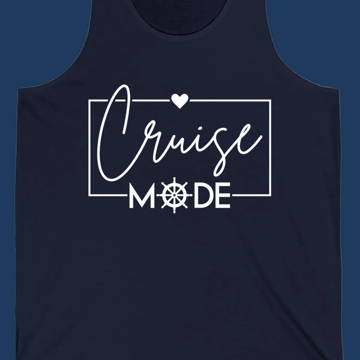 Cruise mode nautical design with elegant cursive text, ship's wheel, and heart on gray background