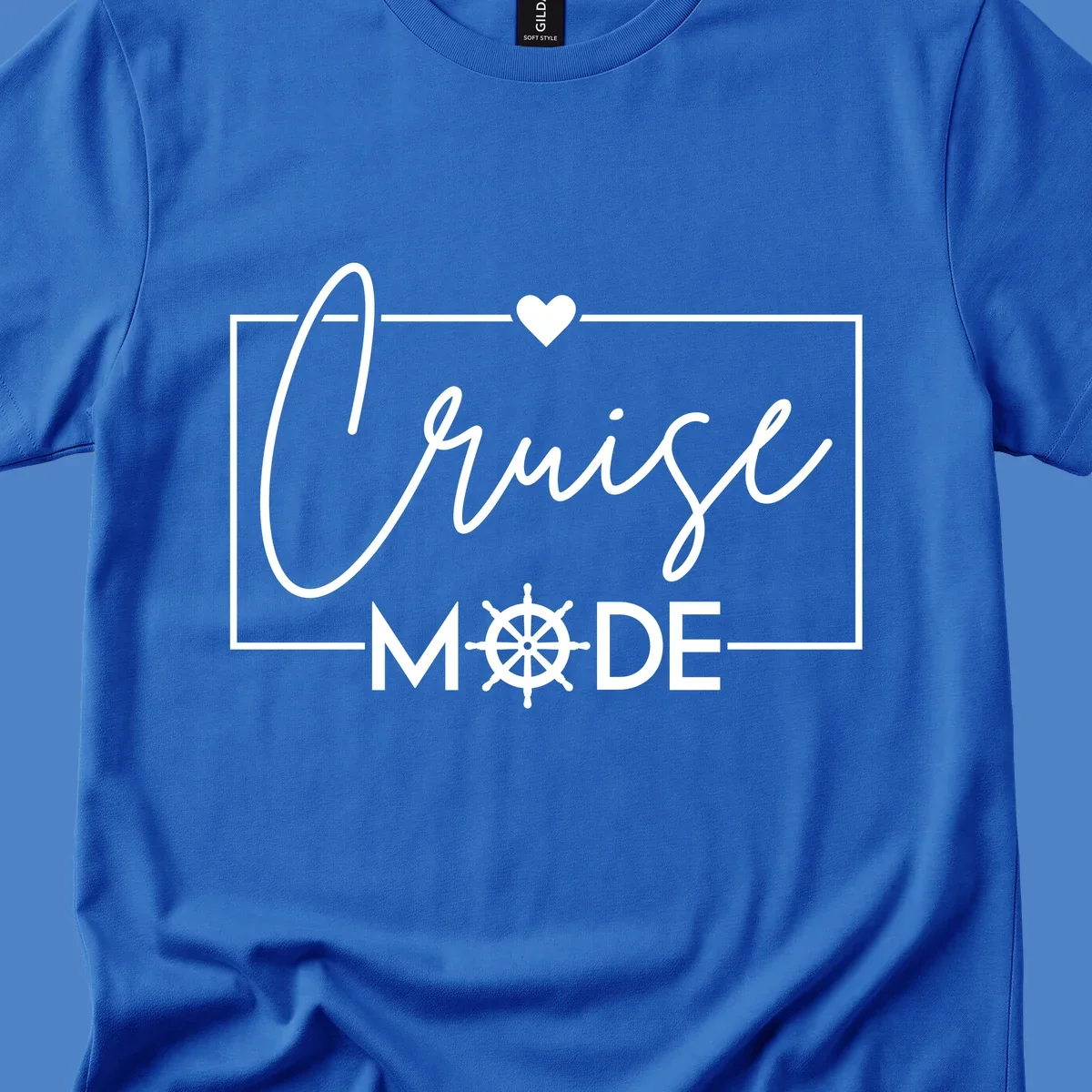 Cruise mode nautical design with elegant cursive text, ship's wheel, and heart on gray background