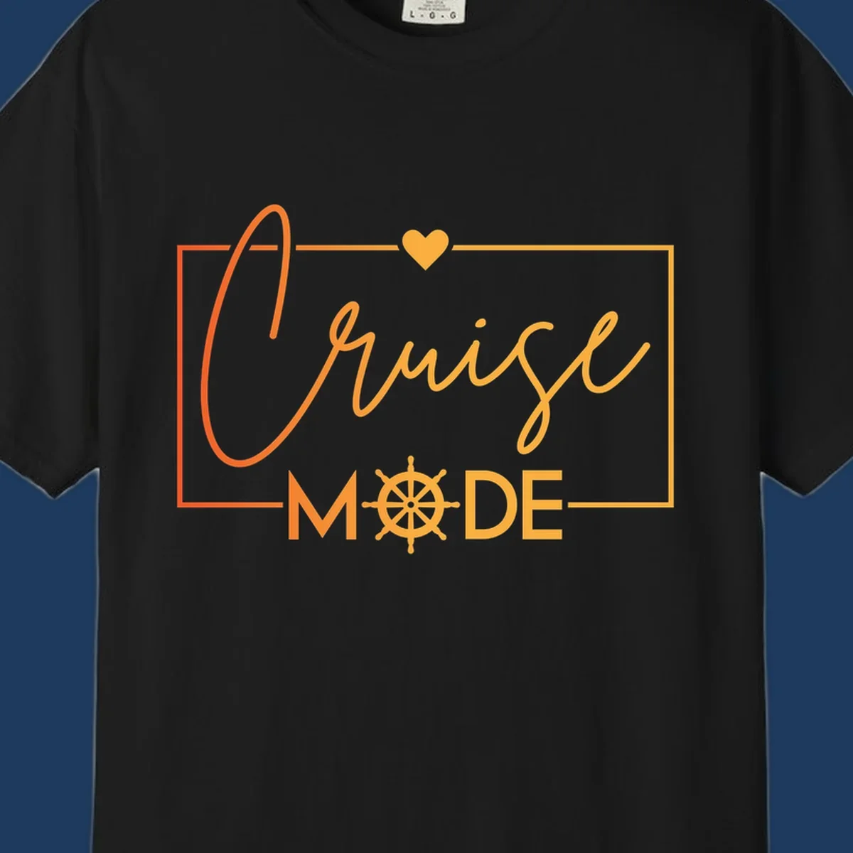 Ahoy Mode design with cursive text, ship's wheel, and golden heart on gray background for cruise apparel