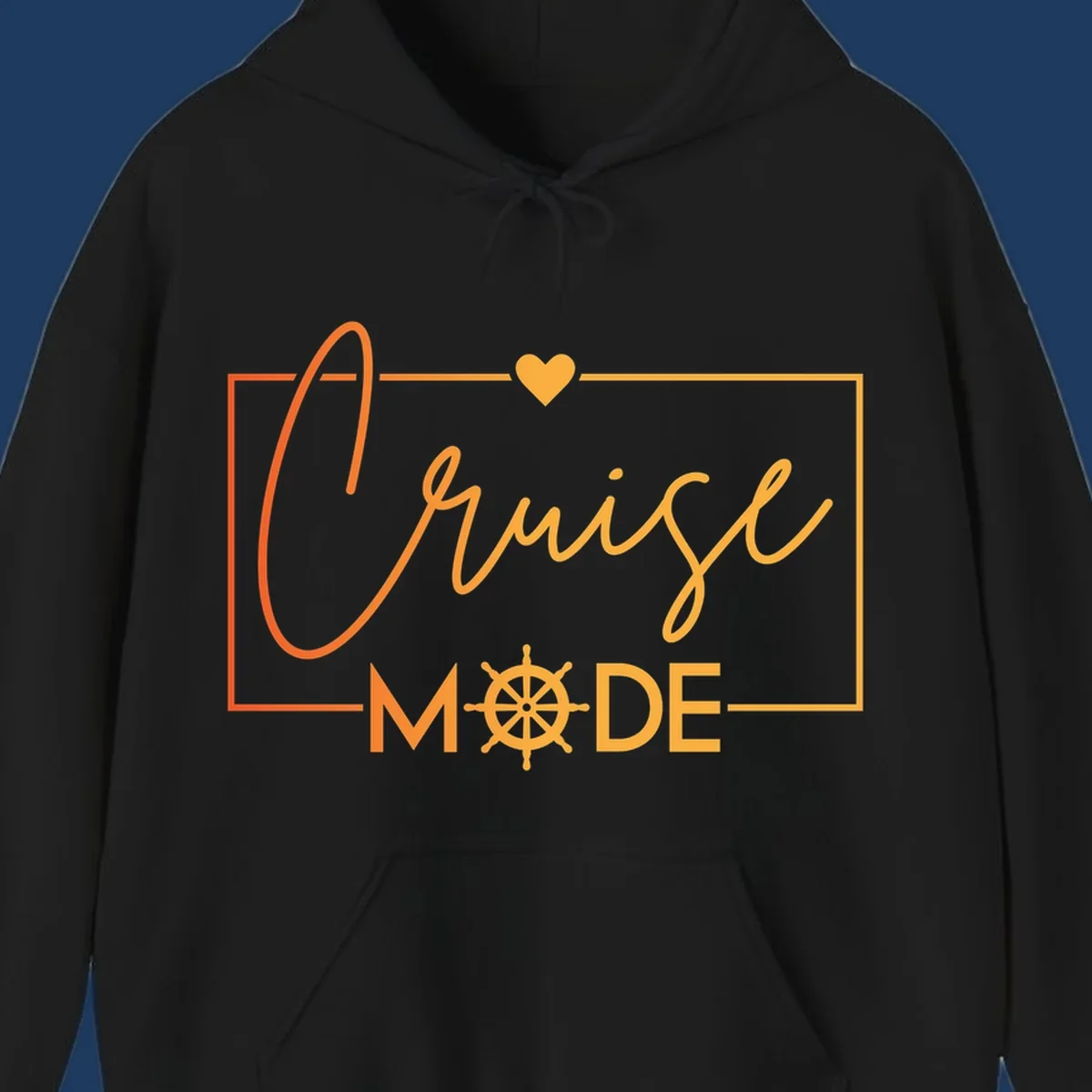 Ahoy Mode design with cursive text, ship's wheel, and golden heart on gray background for cruise apparel