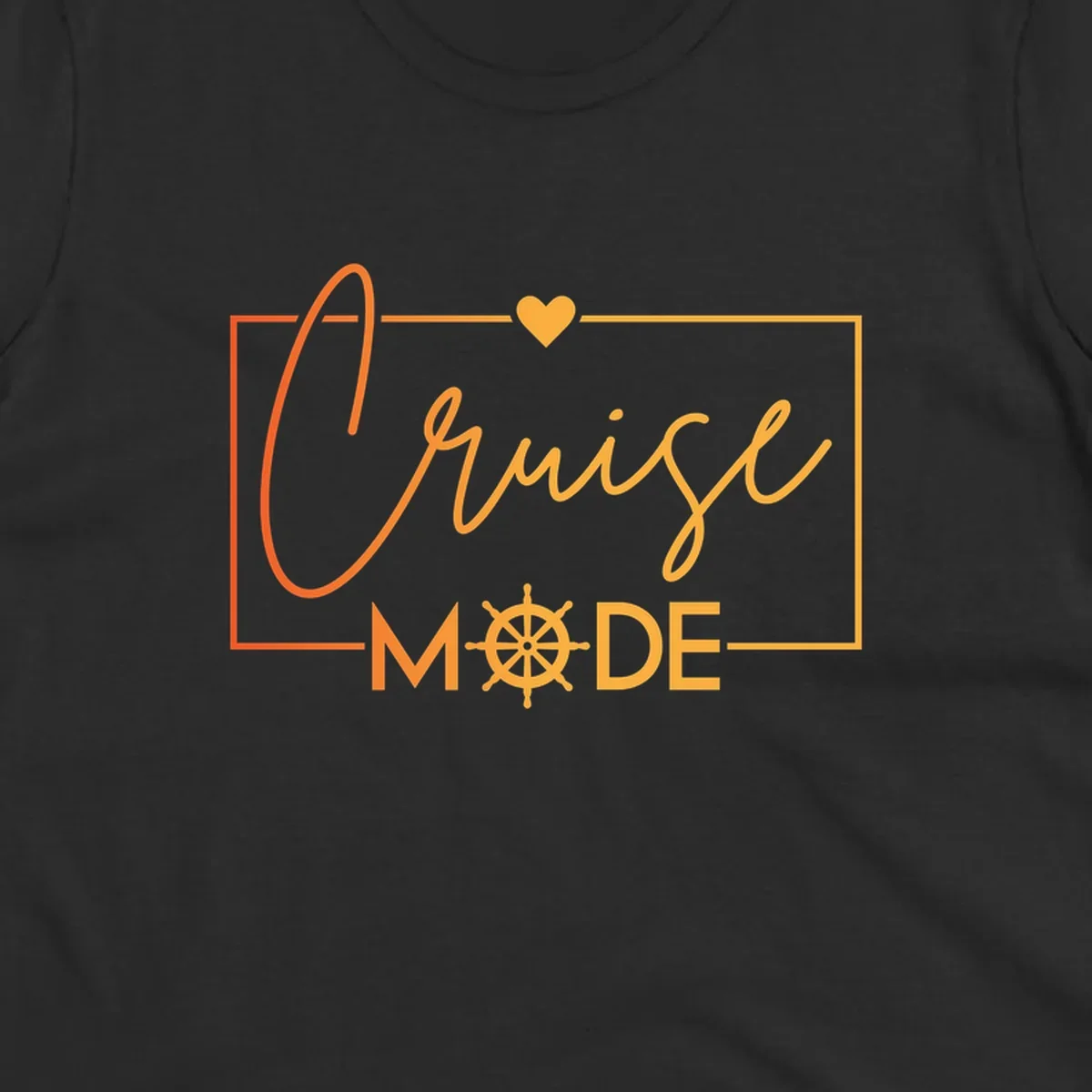Ahoy Mode design with cursive text, ship's wheel, and golden heart on gray background for cruise apparel