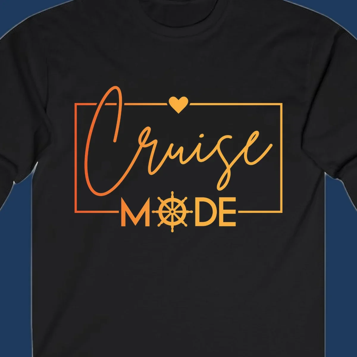 Ahoy Mode design with cursive text, ship's wheel, and golden heart on gray background for cruise apparel