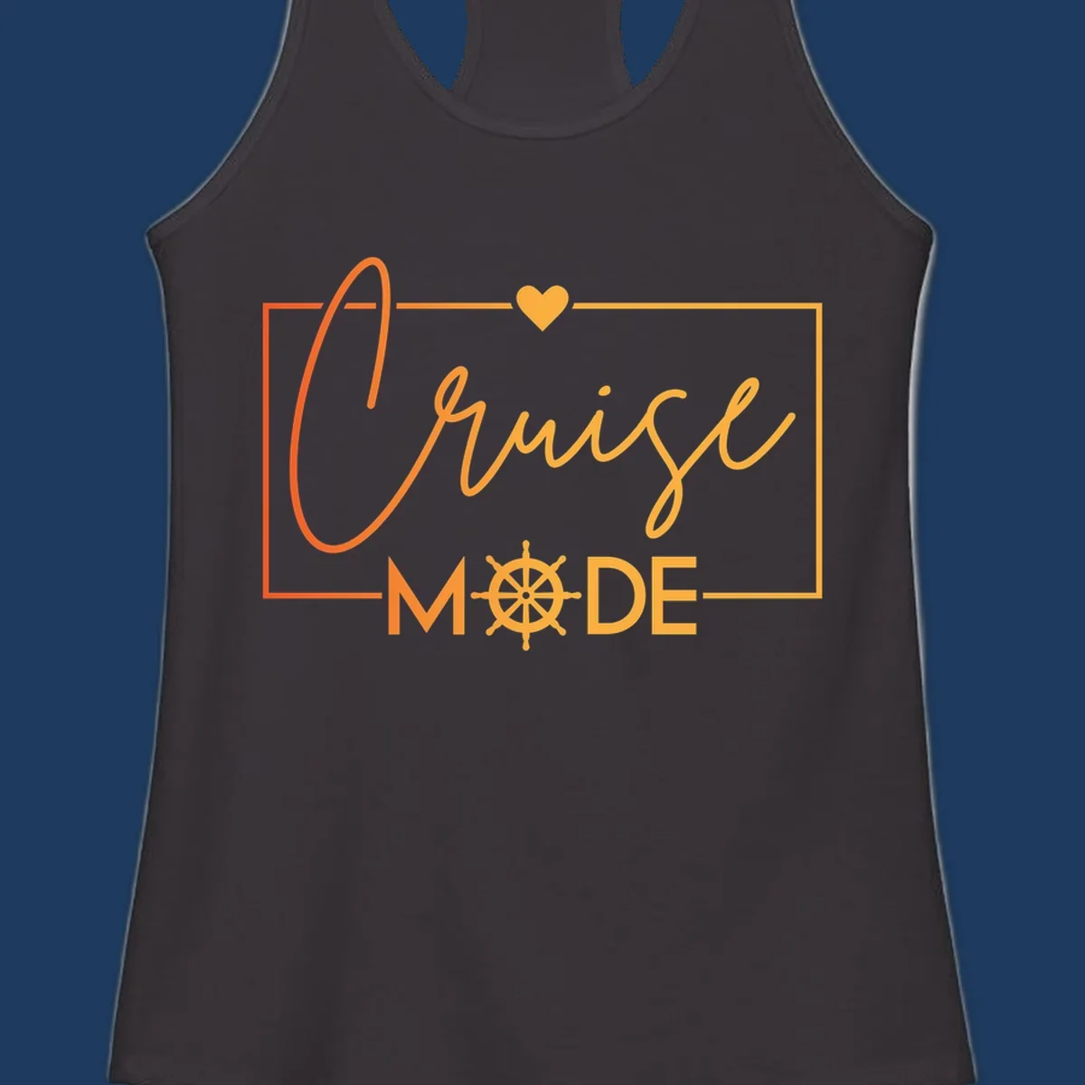 Ahoy Mode design with cursive text, ship's wheel, and golden heart on gray background for cruise apparel