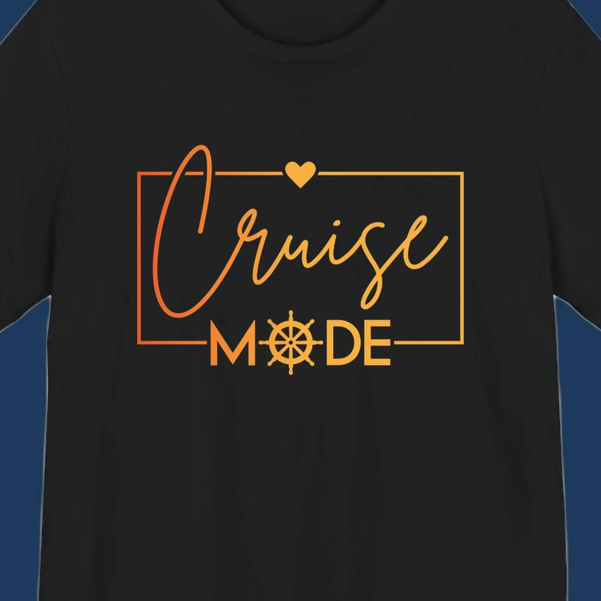 Ahoy Mode design with cursive text, ship's wheel, and golden heart on gray background for cruise apparel