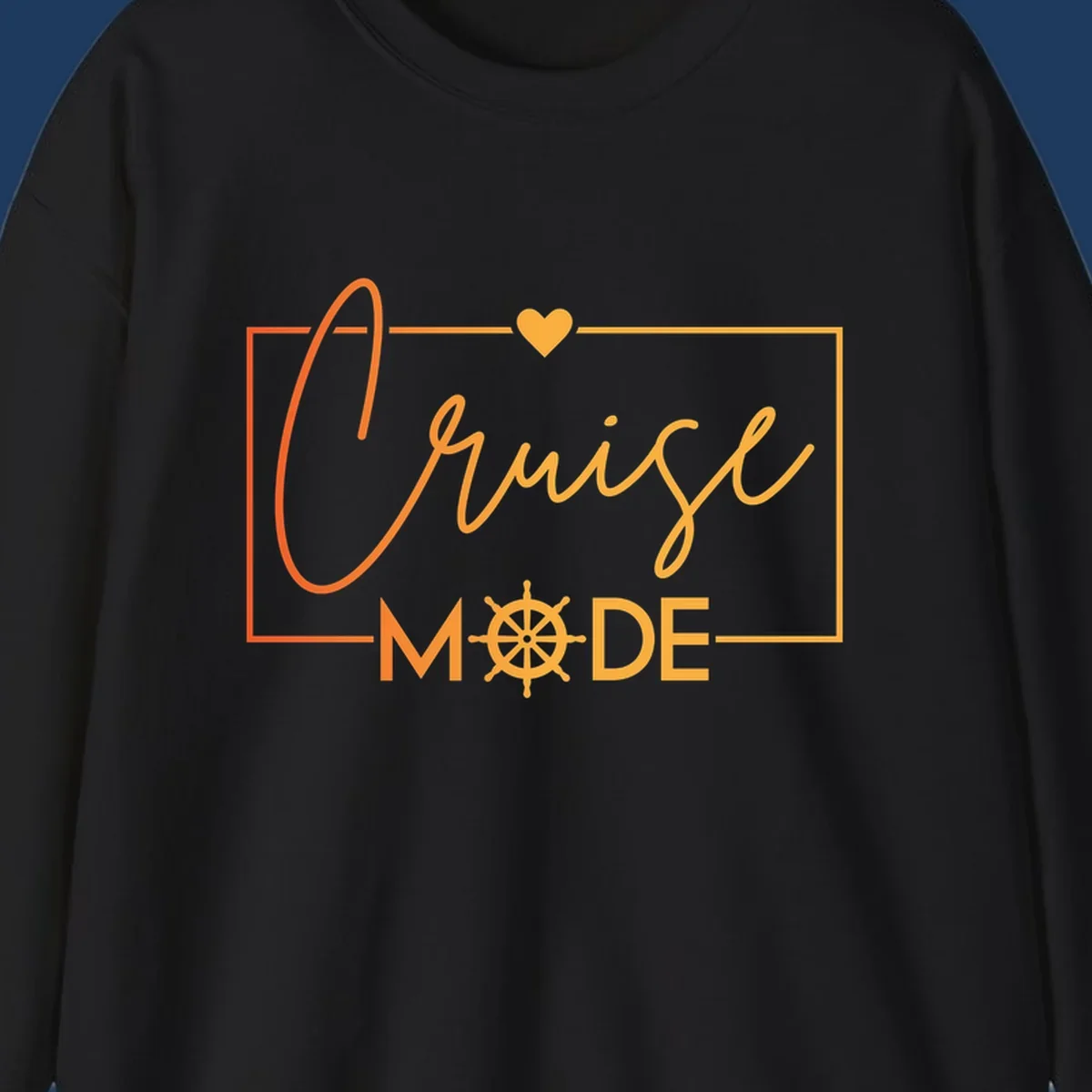 Ahoy Mode design with cursive text, ship's wheel, and golden heart on gray background for cruise apparel
