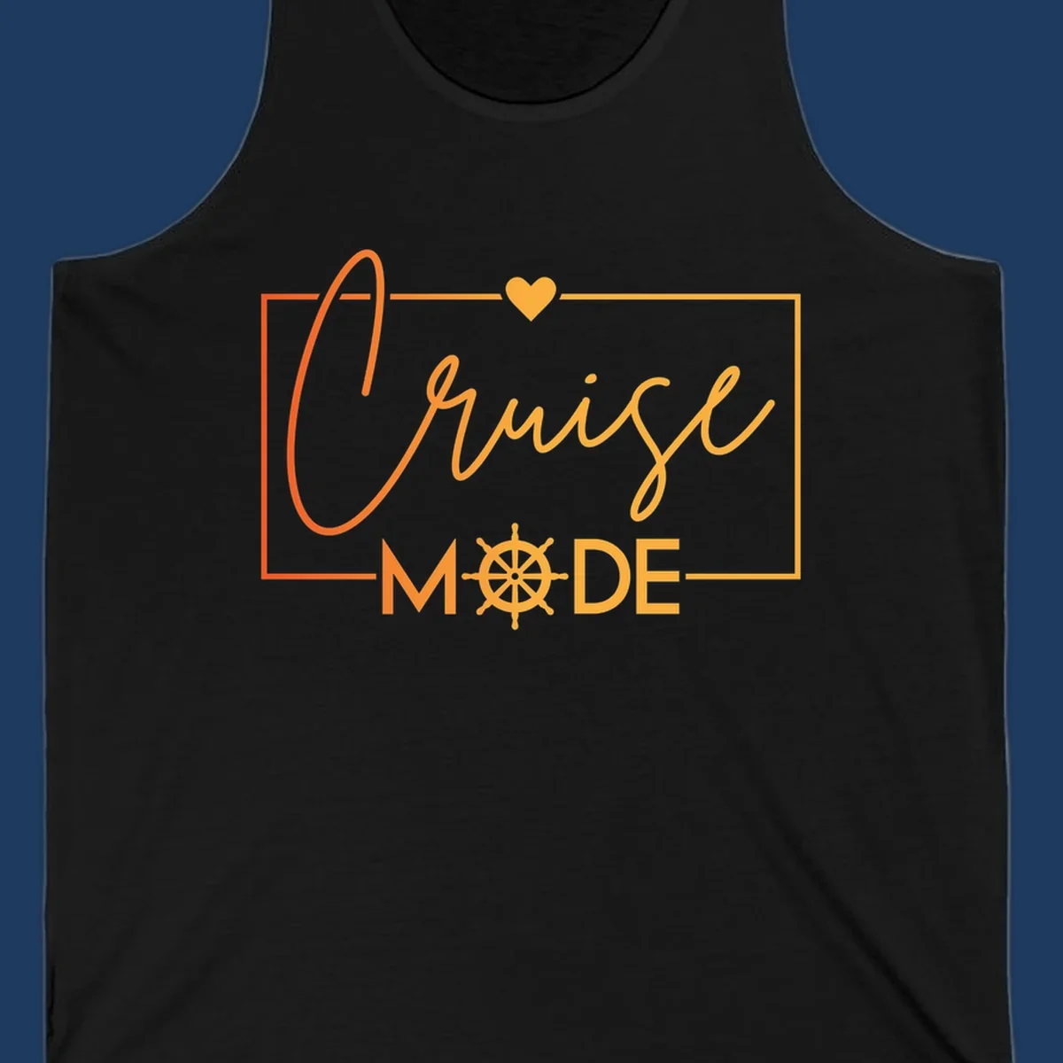 Ahoy Mode design with cursive text, ship's wheel, and golden heart on gray background for cruise apparel