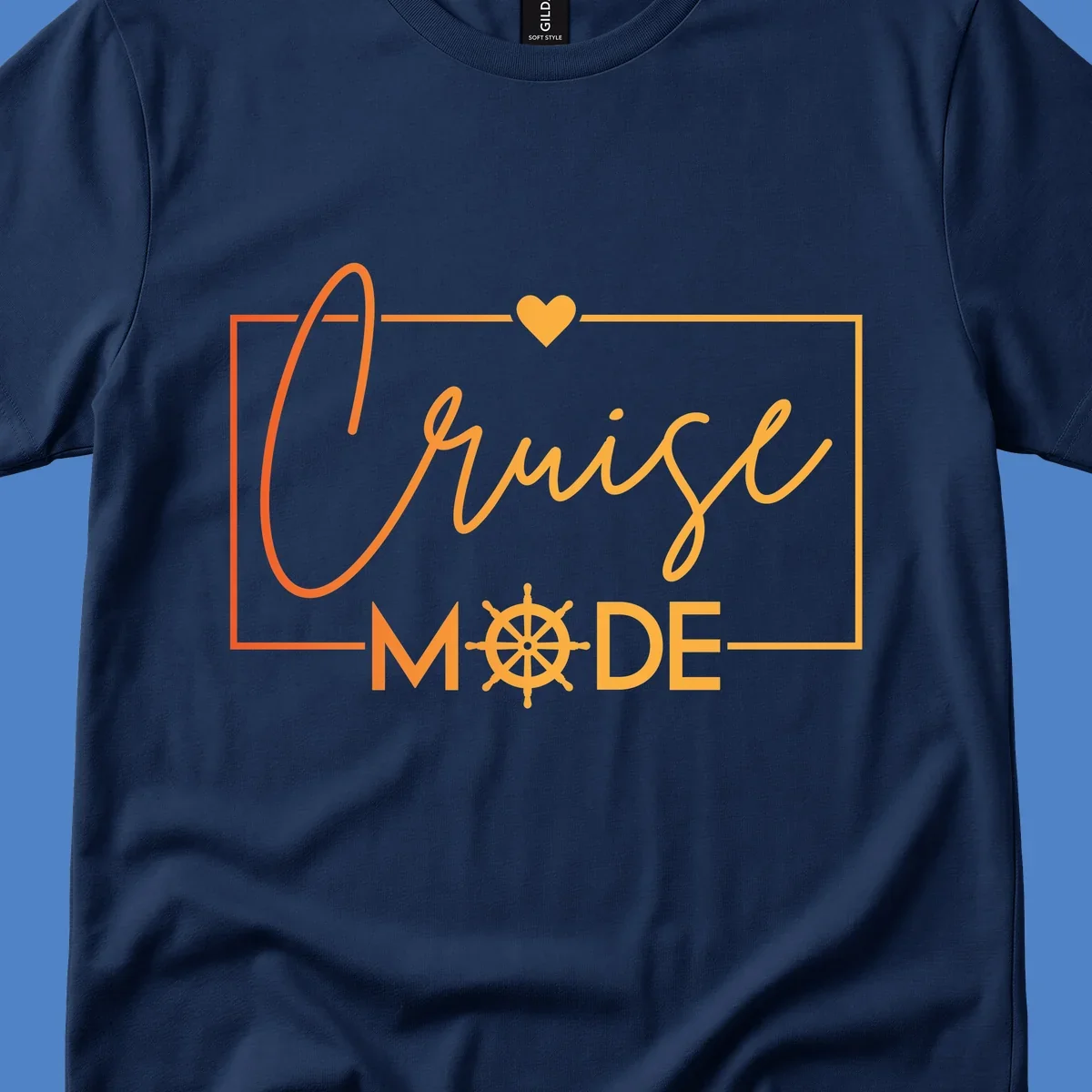 Ahoy Mode design with cursive text, ship's wheel, and golden heart on gray background for cruise apparel