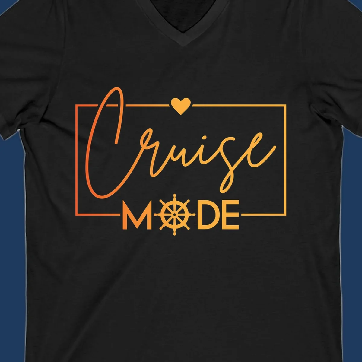 Ahoy Mode design with cursive text, ship's wheel, and golden heart on gray background for cruise apparel