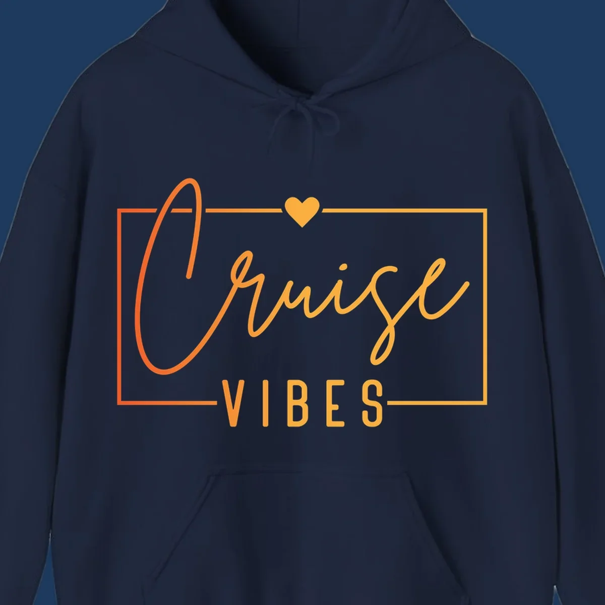 Cruise vibes design with golden heart, cursive lettering, and orange border on gray background