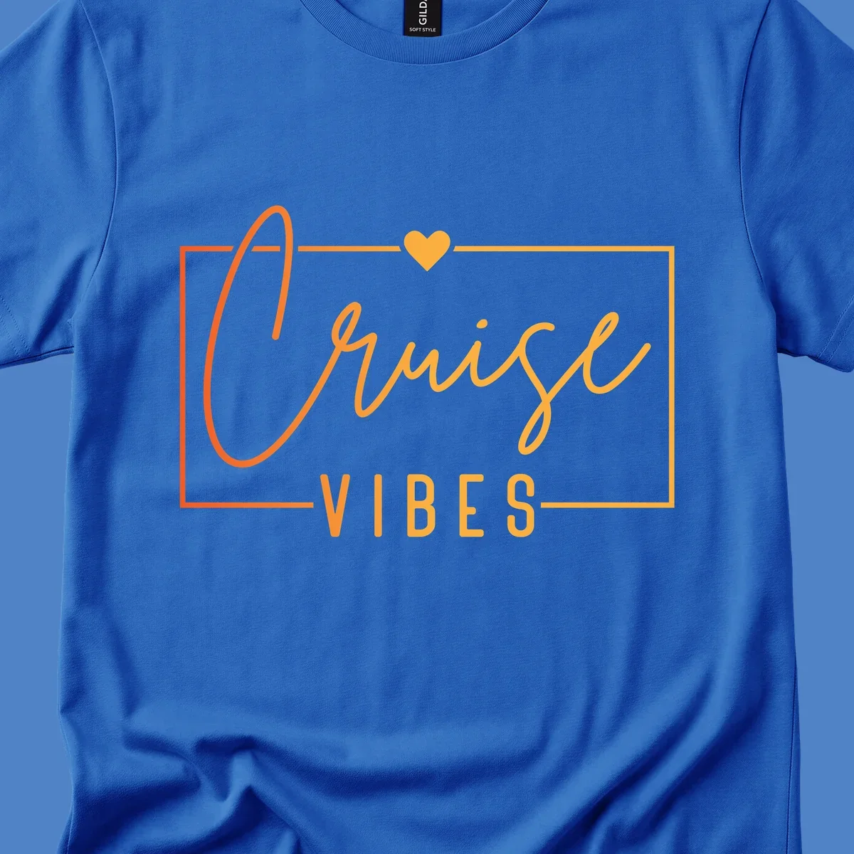 Cruise vibes design with golden heart, cursive lettering, and orange border on gray background
