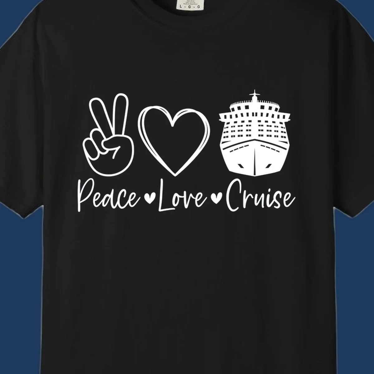Peace love cruise design with peace sign, heart, and cruise ship icons with text on gray background