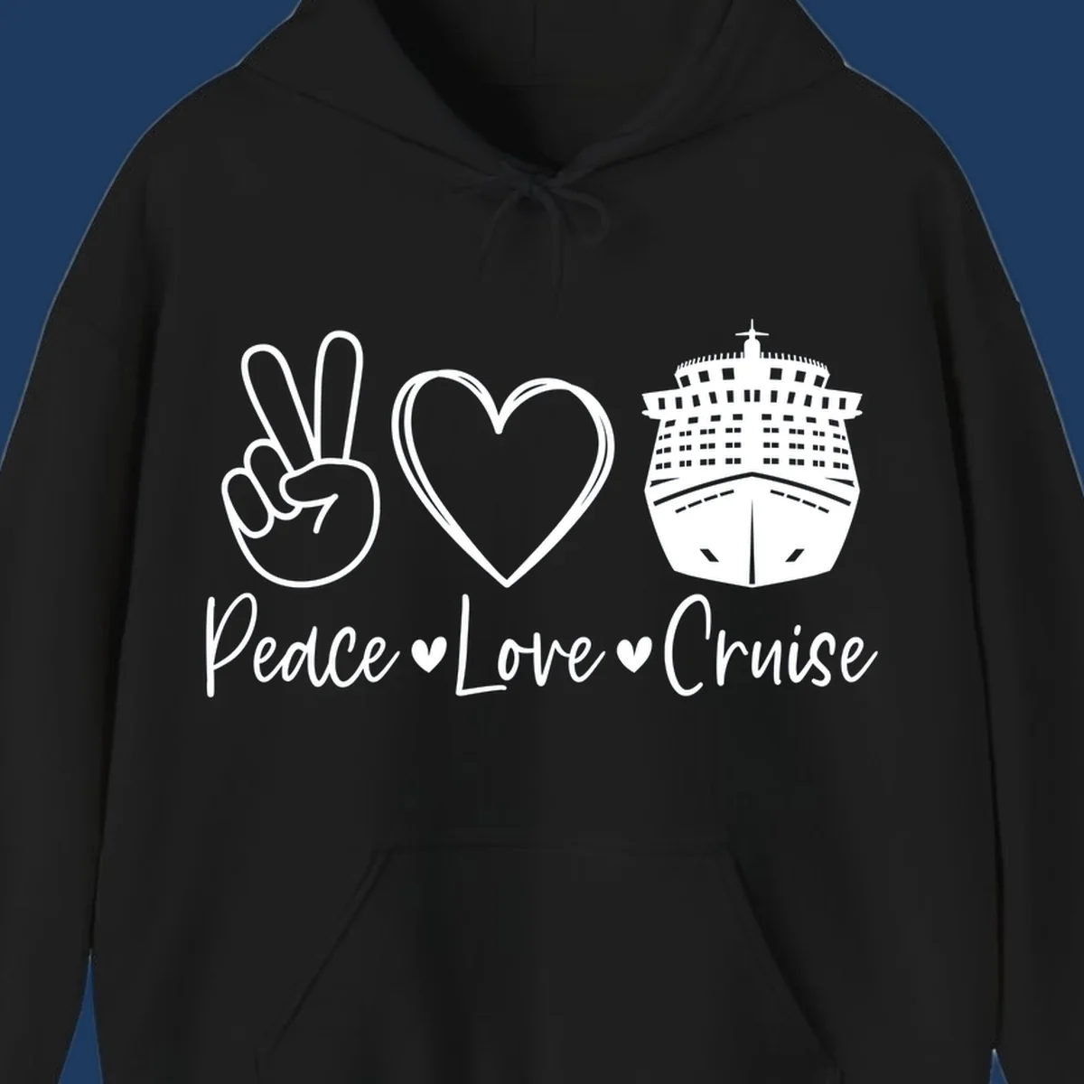 Peace love cruise design with peace sign, heart, and cruise ship icons with text on gray background