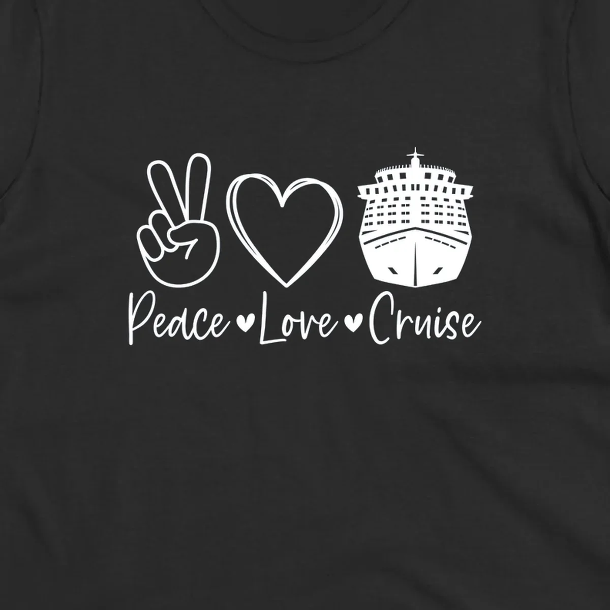 Peace love cruise design with peace sign, heart, and cruise ship icons with text on gray background