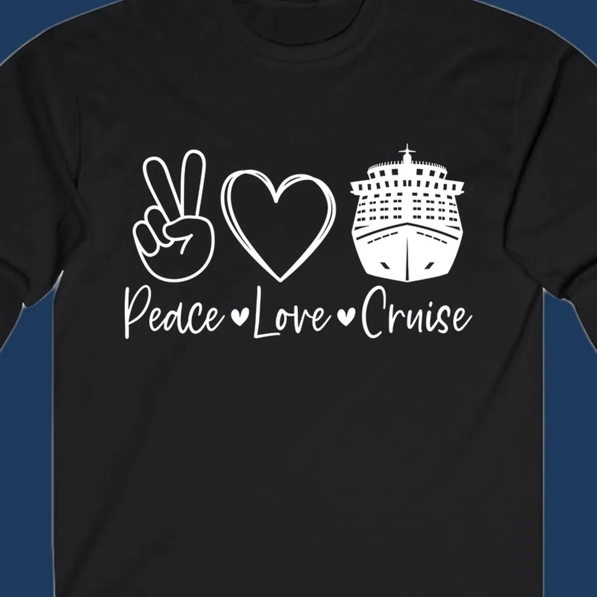 Peace love cruise design with peace sign, heart, and cruise ship icons with text on gray background