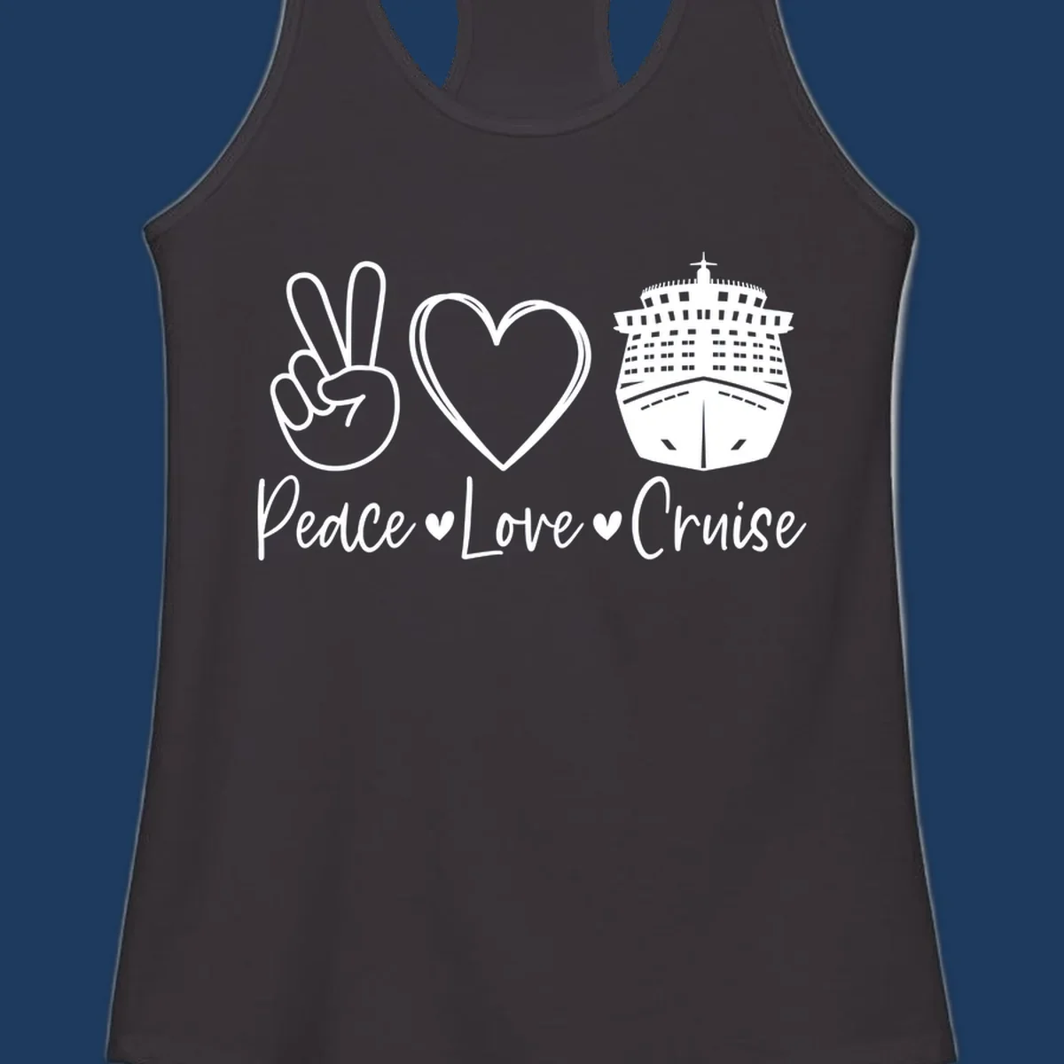 Peace love cruise design with peace sign, heart, and cruise ship icons with text on gray background
