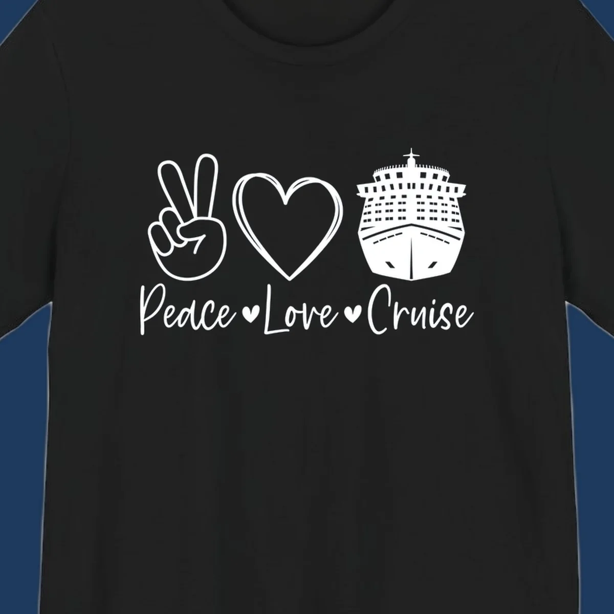 Peace love cruise design with peace sign, heart, and cruise ship icons with text on gray background