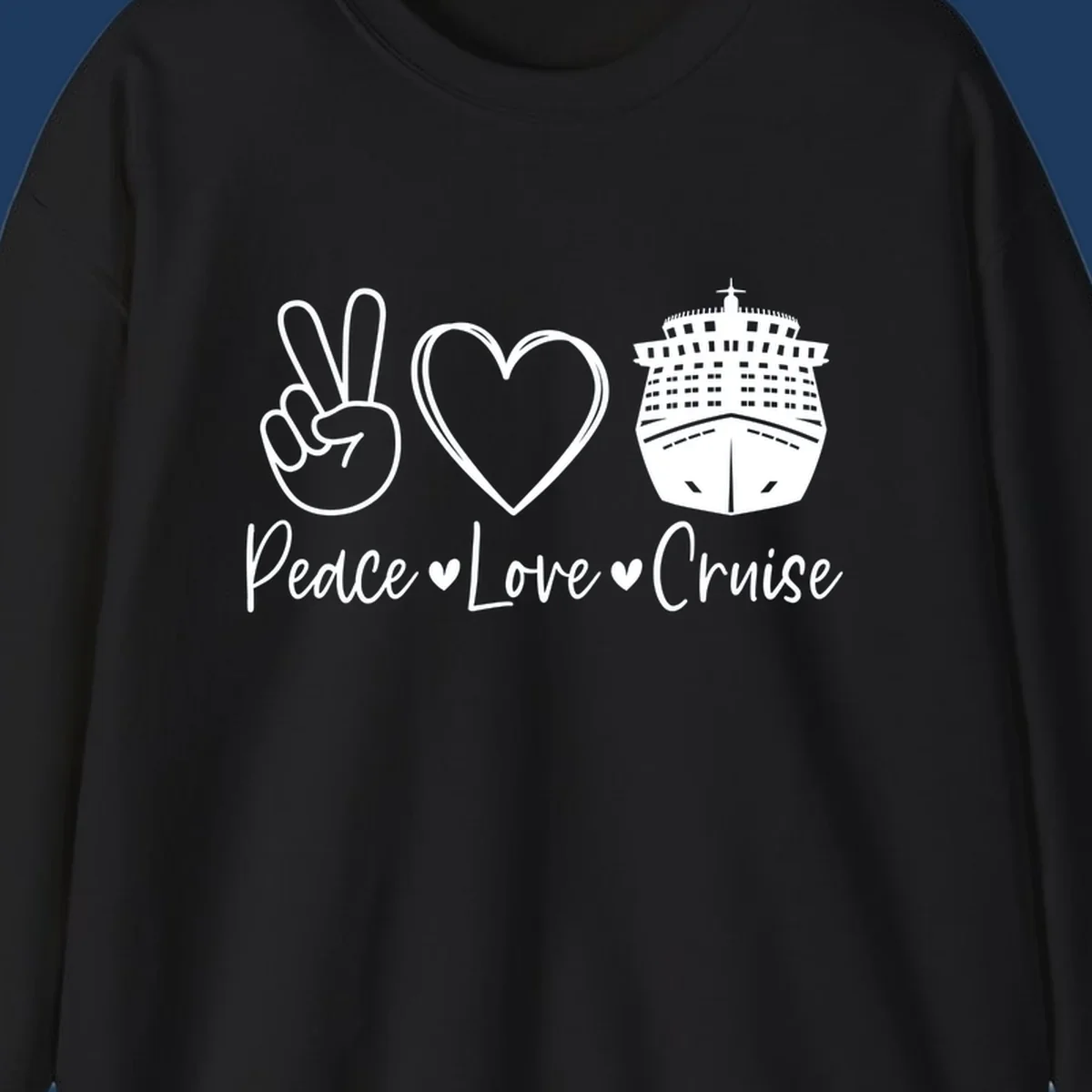 Peace love cruise design with peace sign, heart, and cruise ship icons with text on gray background