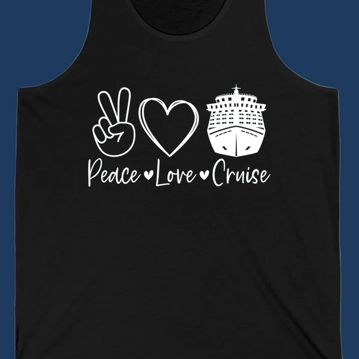 Peace love cruise design with peace sign, heart, and cruise ship icons with text on gray background