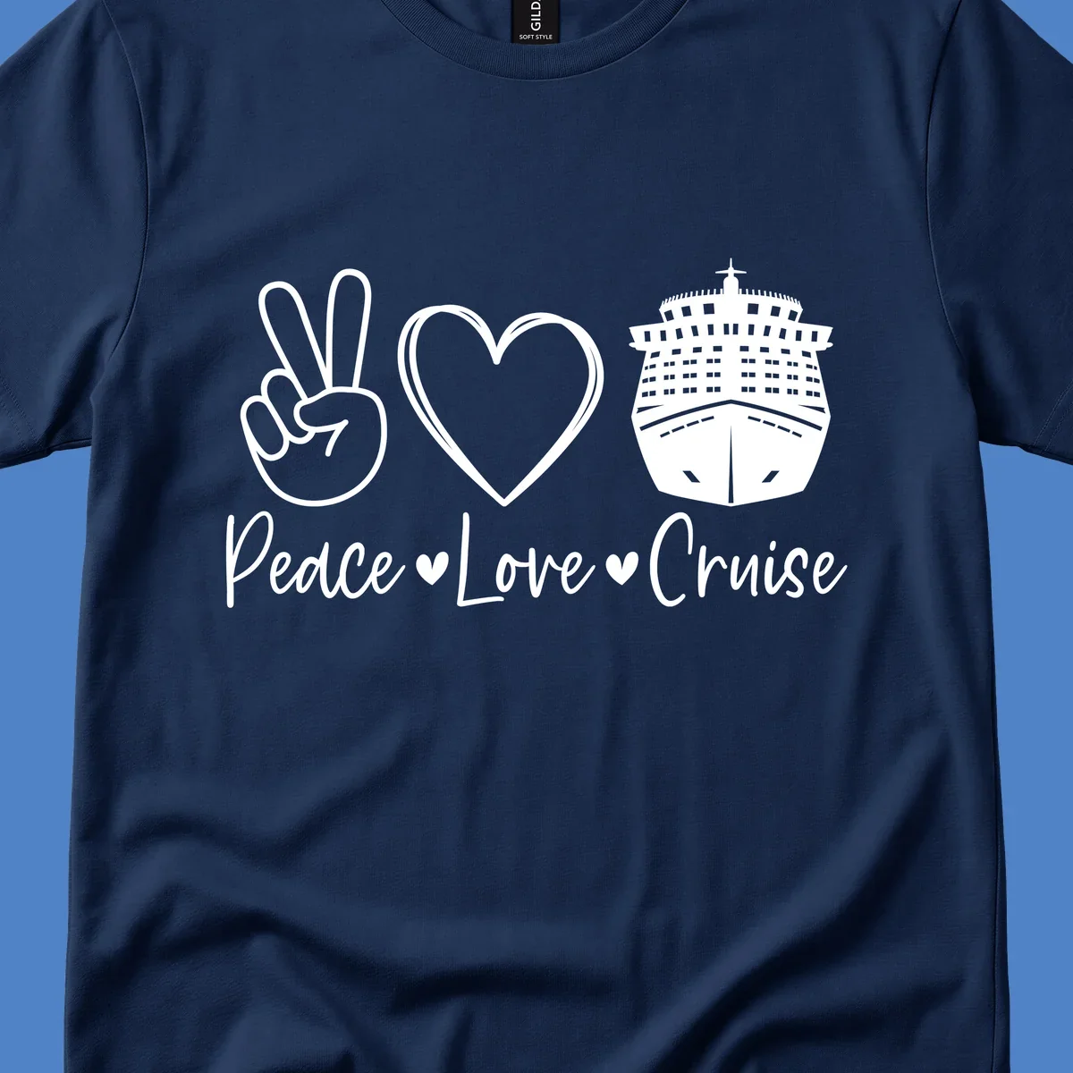 Peace love cruise design with peace sign, heart, and cruise ship icons with text on gray background