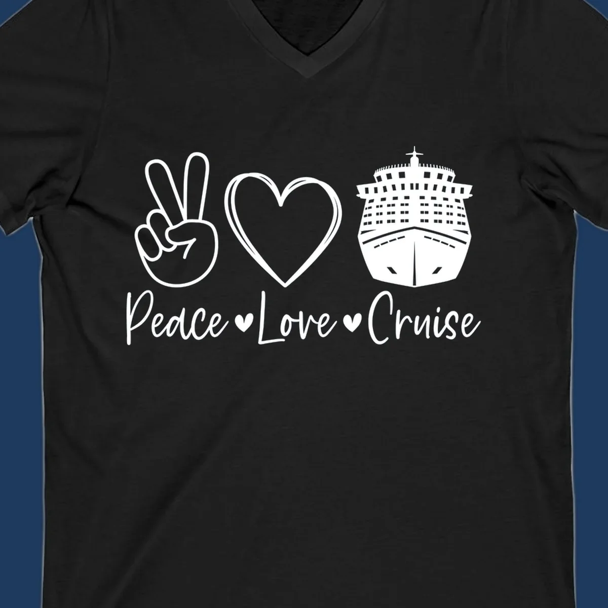 Peace love cruise design with peace sign, heart, and cruise ship icons with text on gray background