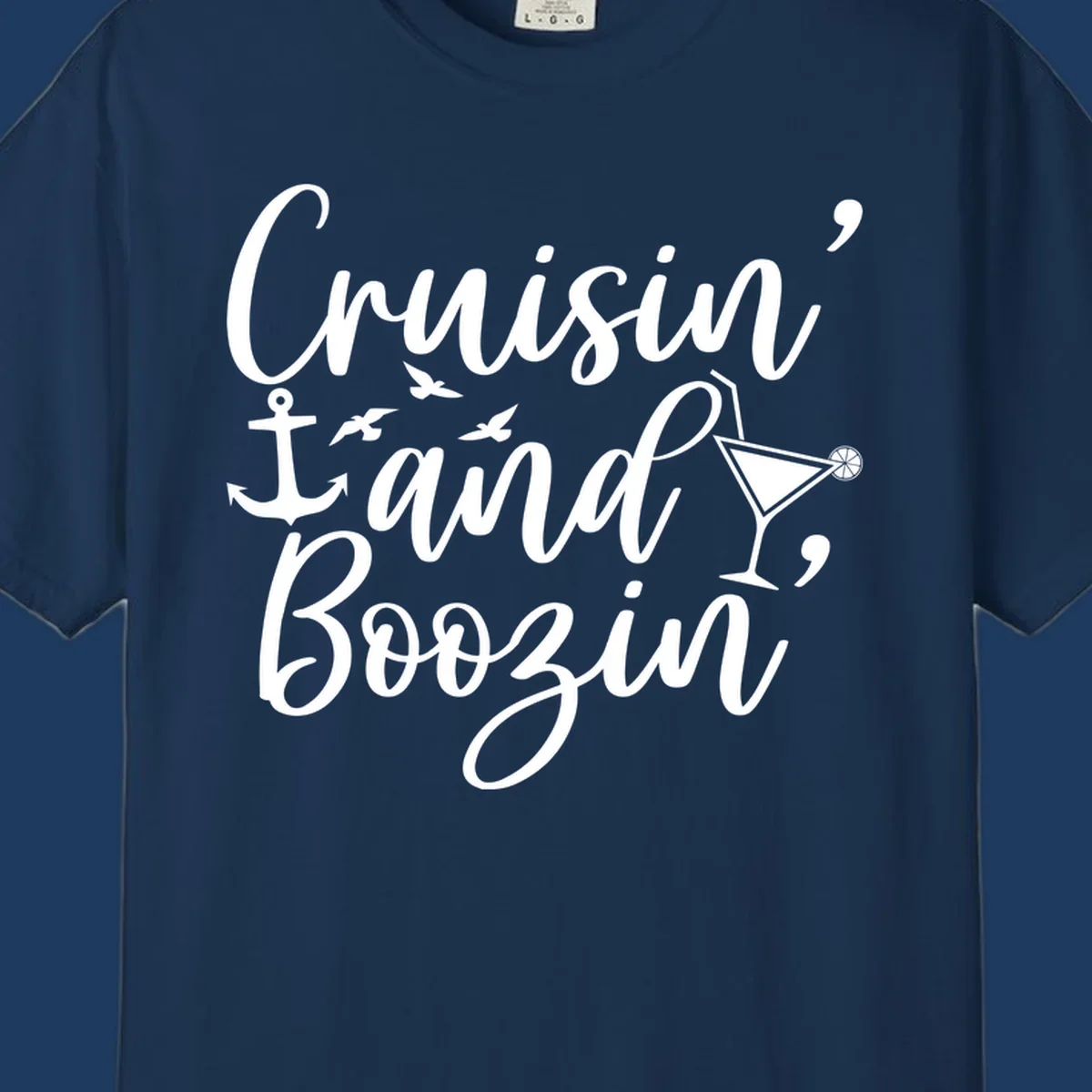Cruisin and boozing nautical design with anchor, seagulls, and cocktail illustration on gray background