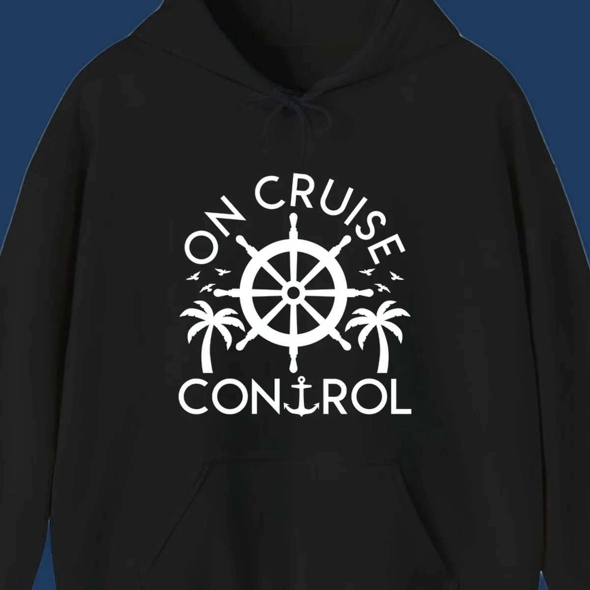 White nautical design with ship's wheel, anchor, palm trees and seagulls with 'On Cruise Control' text on gray background
