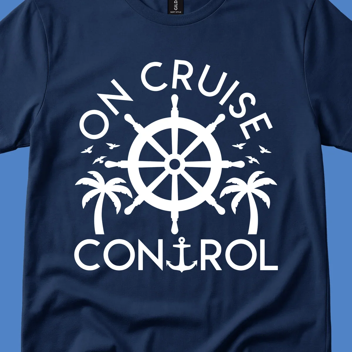 White nautical design with ship's wheel, anchor, palm trees and seagulls with 'On Cruise Control' text on gray background