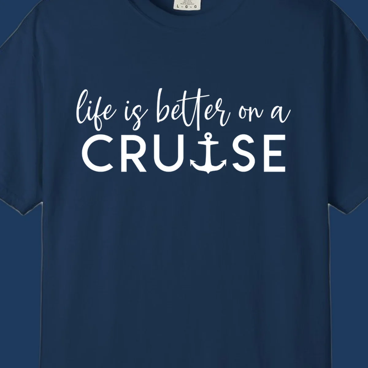 White text on gray background reading 'life is better on a cruise' with anchor icon, nautical vacation design
