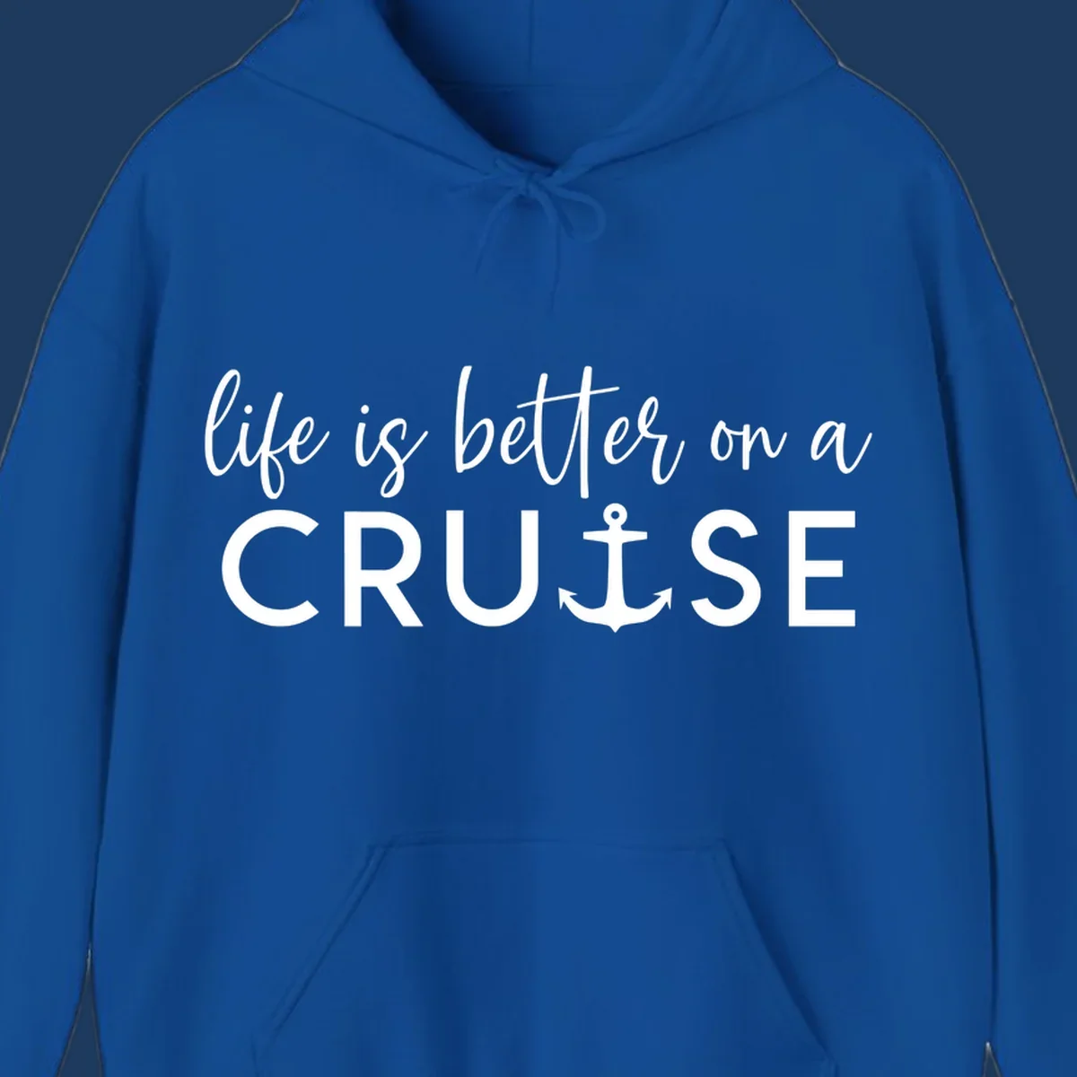 White text on gray background reading 'life is better on a cruise' with anchor icon, nautical vacation design