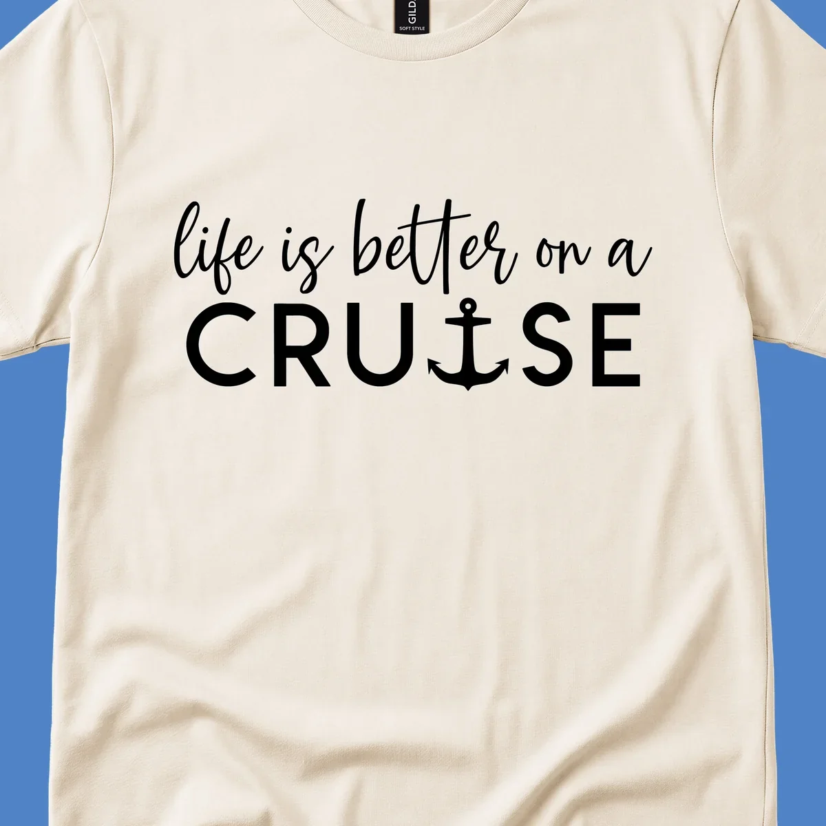 White text on gray background reading 'life is better on a cruise' with anchor icon, nautical vacation design