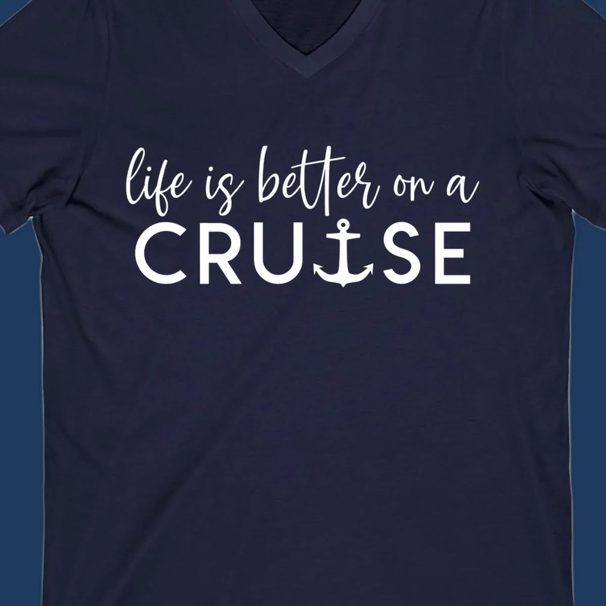 White text on gray background reading 'life is better on a cruise' with anchor icon, nautical vacation design