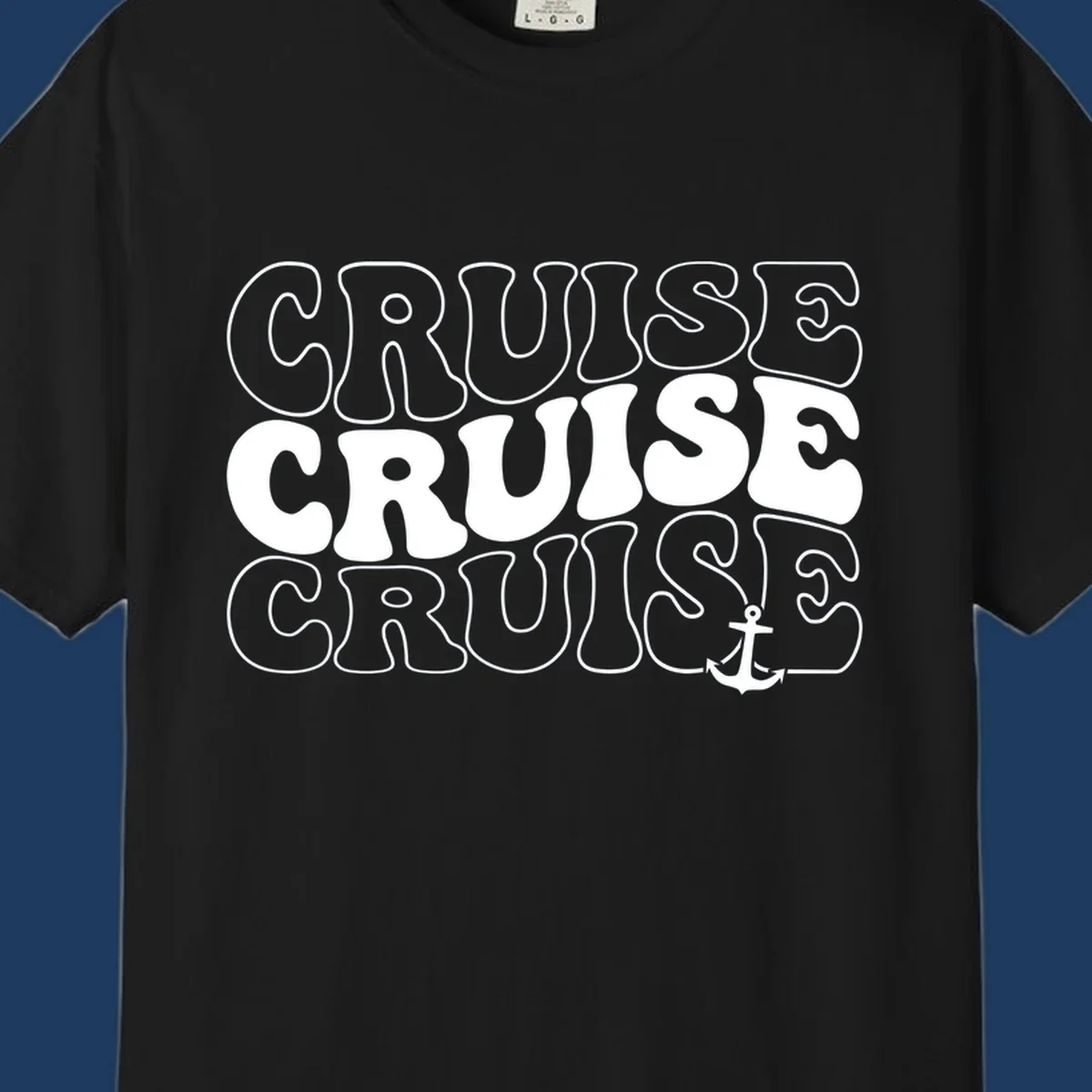 Bold white outlined 'CRUISE' text repeated three times with a white anchor icon on gray background, nautical cruise design.